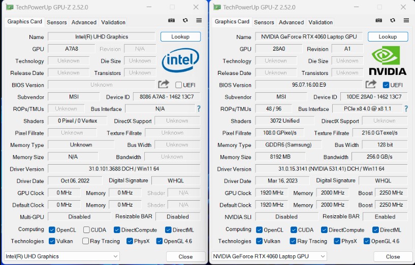 CPU Z msi katana 15 b13vfk 282id 2
