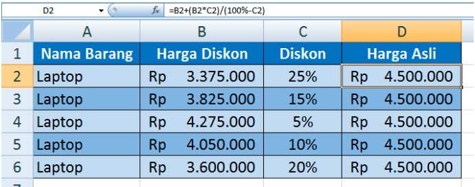 Cara Menghitung Harga Asli dari Barang yang Telah di Diskon dengan Excel